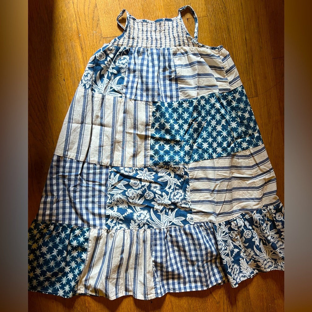 Patchwork farm dress blue & white girls M 7/8 fall spring summer sundresscowgirl